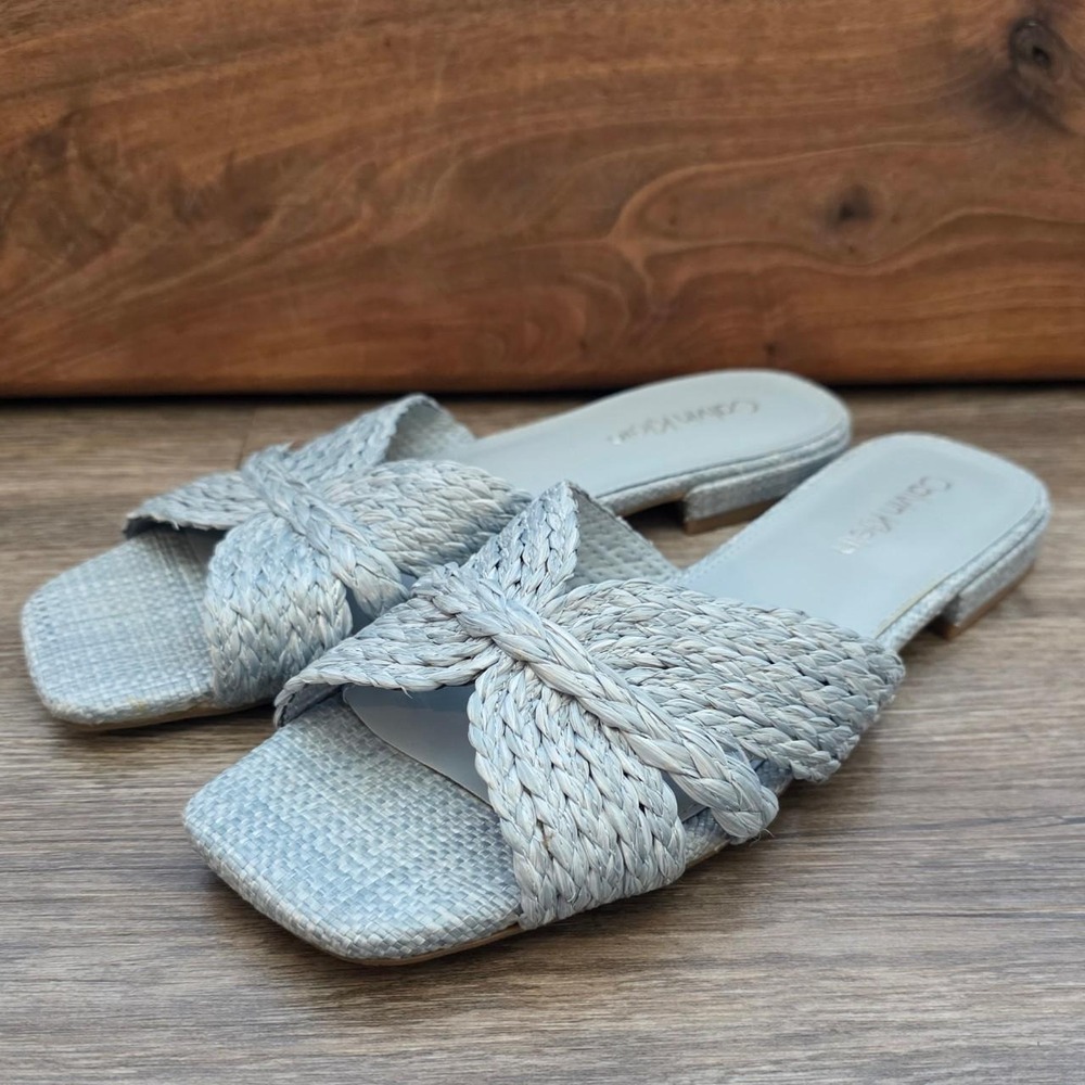 Calvin Klein Toukie Light Blue Woven Flat Slide Sandals Square Toe 8M